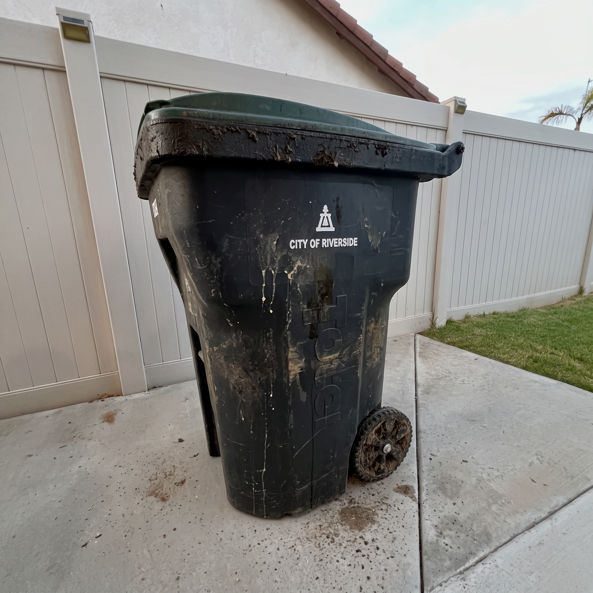 A typical trash bin before cleaning with normal dust and grime