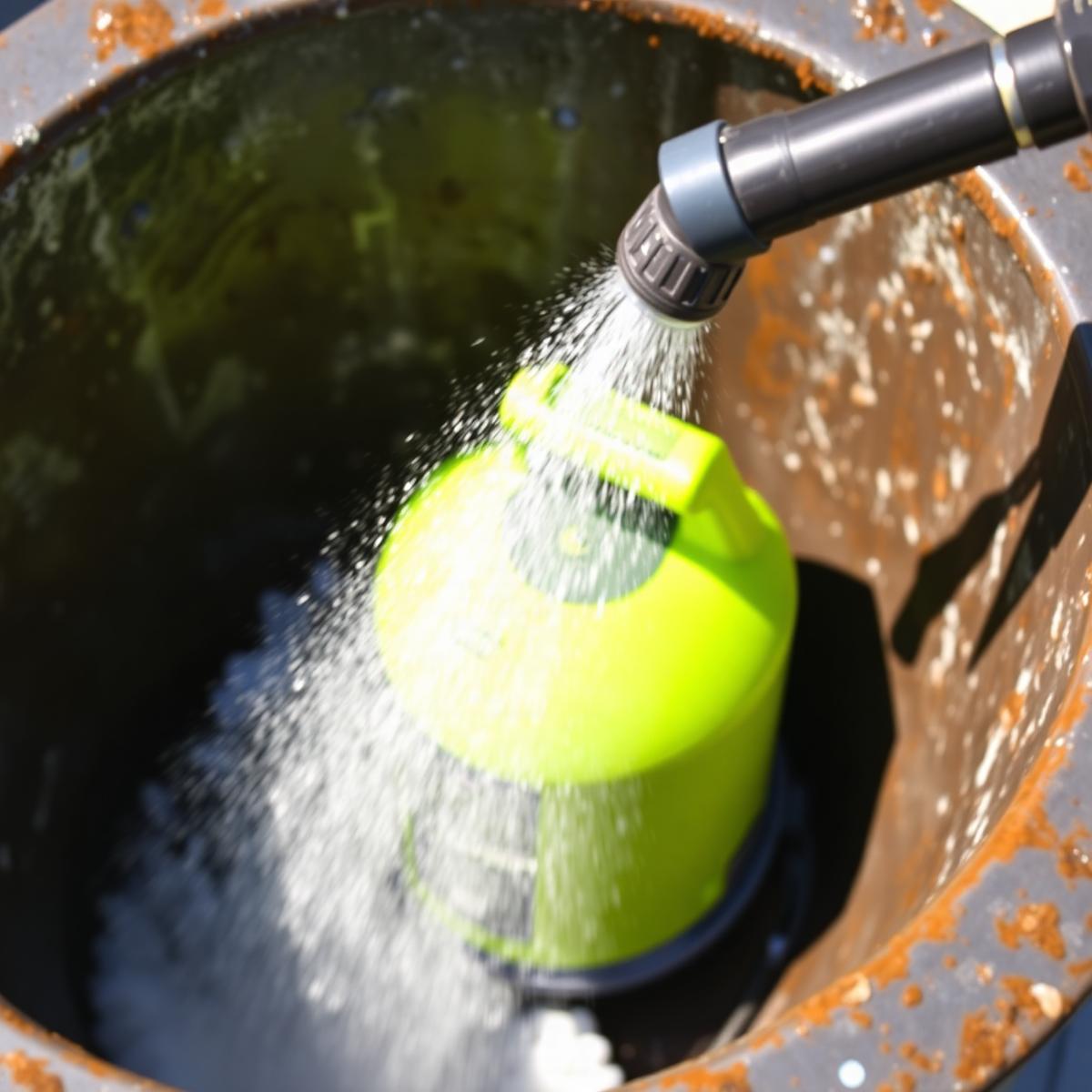 Pressure washer spraying inside a residential trash bin